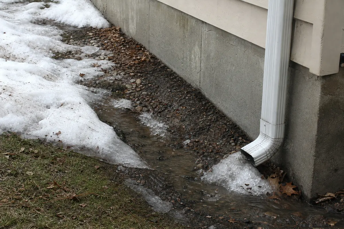 Melting snow and slush directing water toward a basement foundation