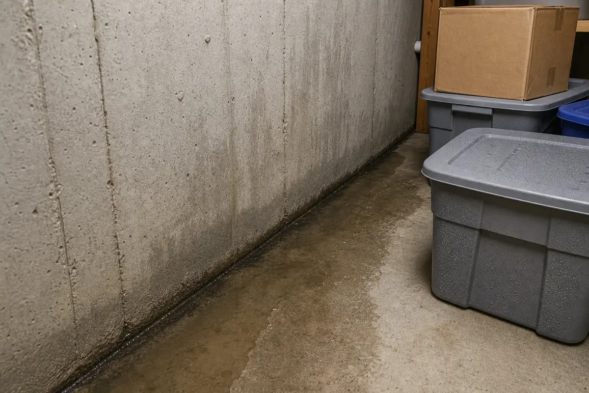Damp basement cove joint and storage boxes after rain