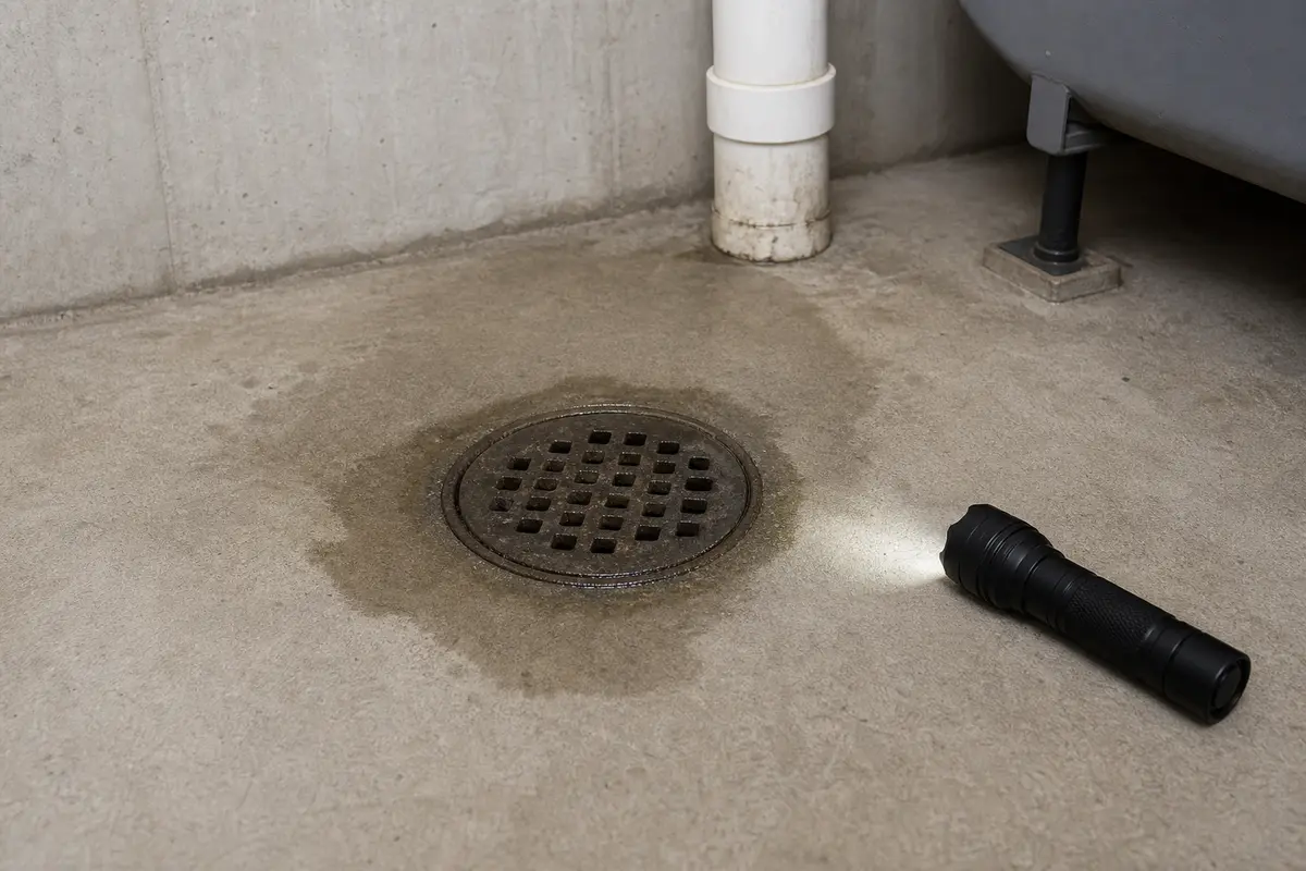 Basement floor drain odor check after rain