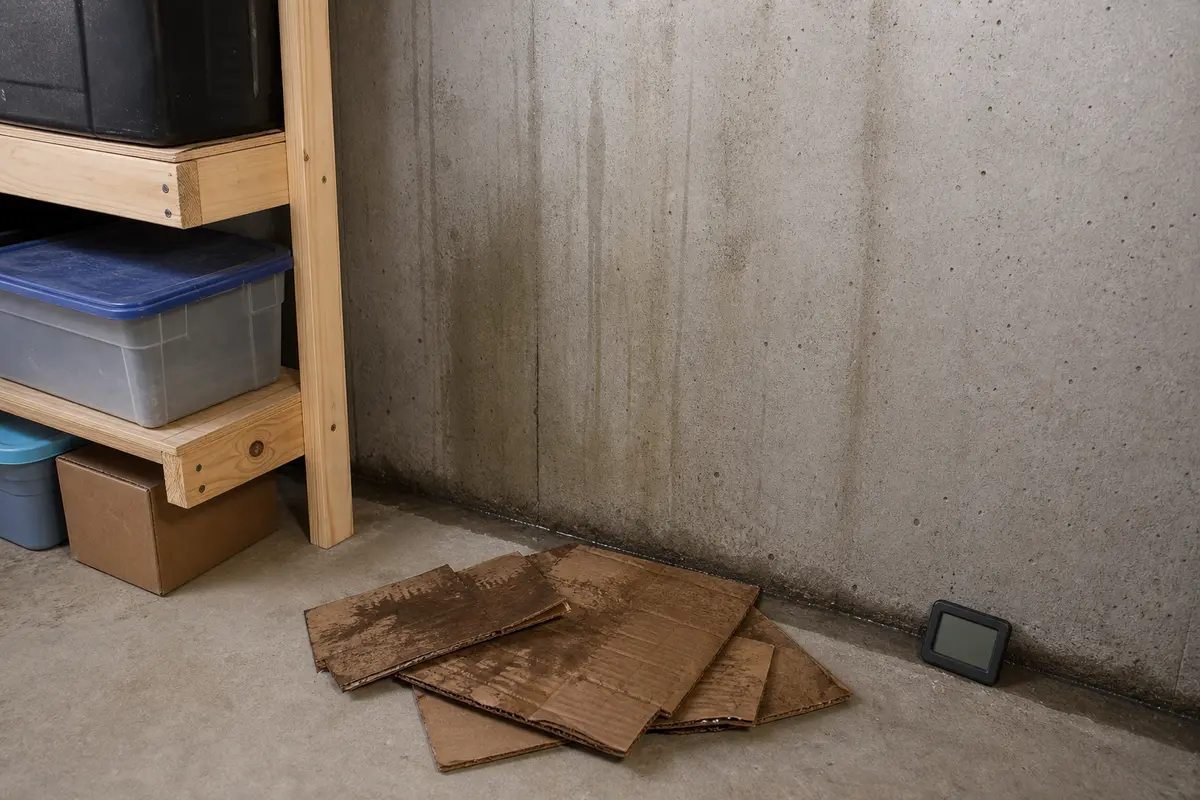 Shelving pulled away from a damp basement wall with a hygrometer nearby