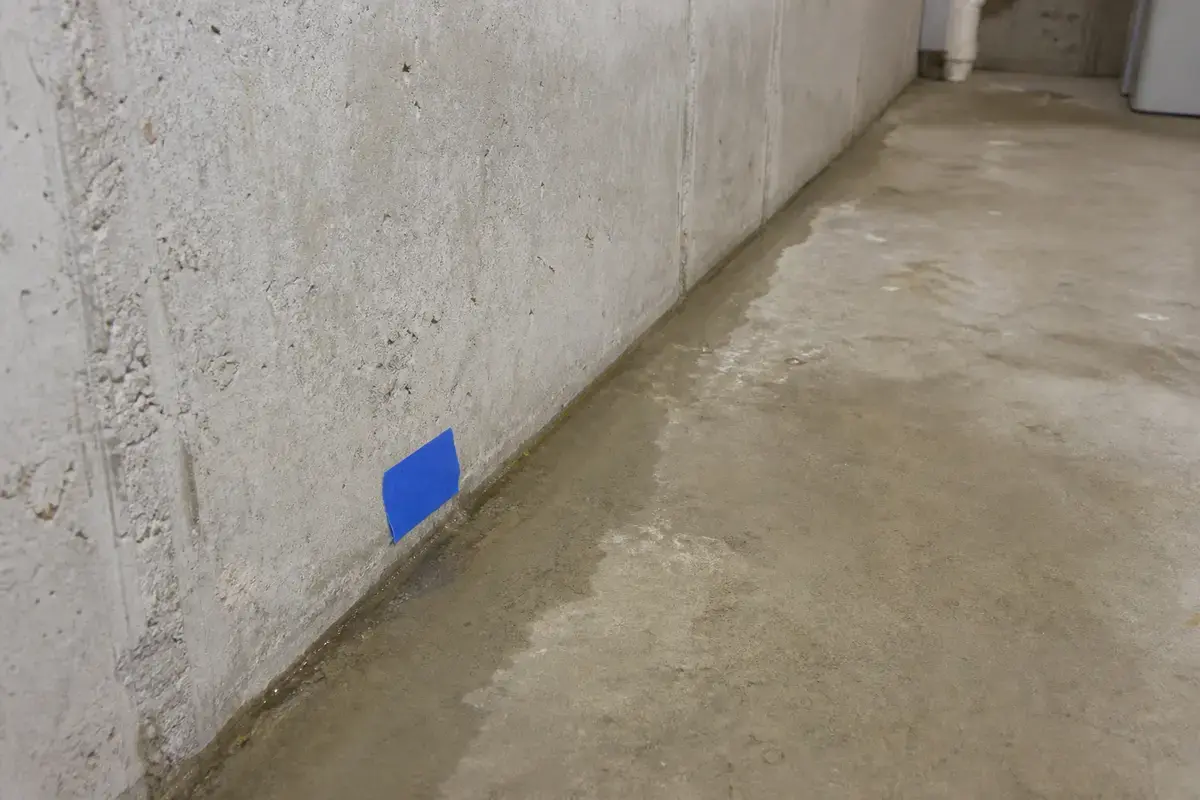 Seasonal wet line at a basement cove joint in spring