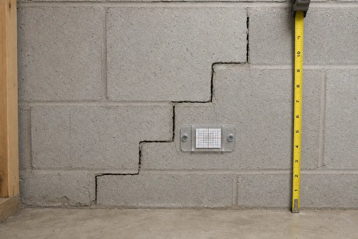 Basement block wall stair-step crack with crack monitor gauge