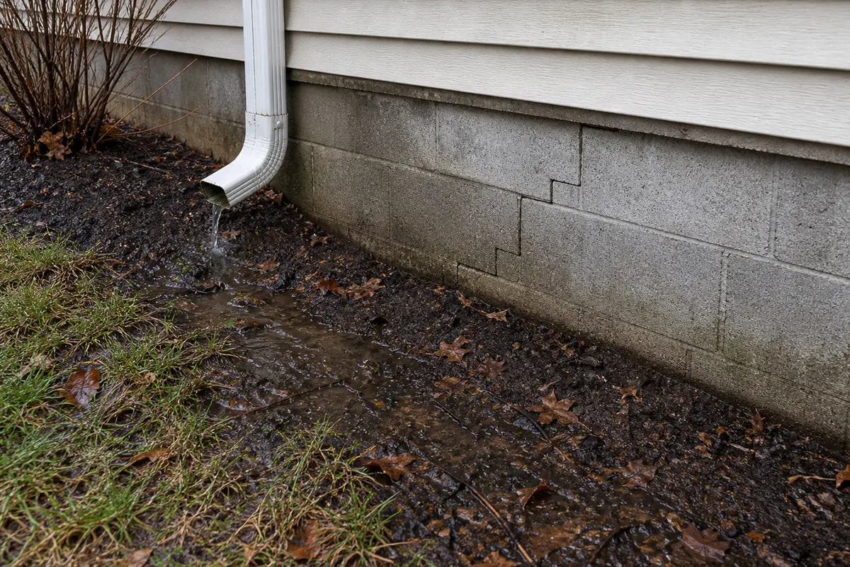 Wet soil and short downspout near a block foundation wall