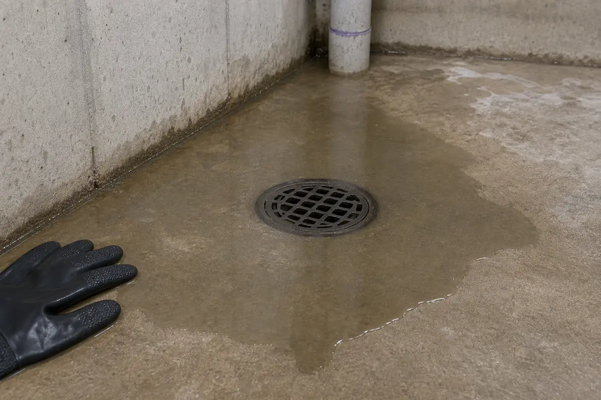 Standing water around a basement floor drain