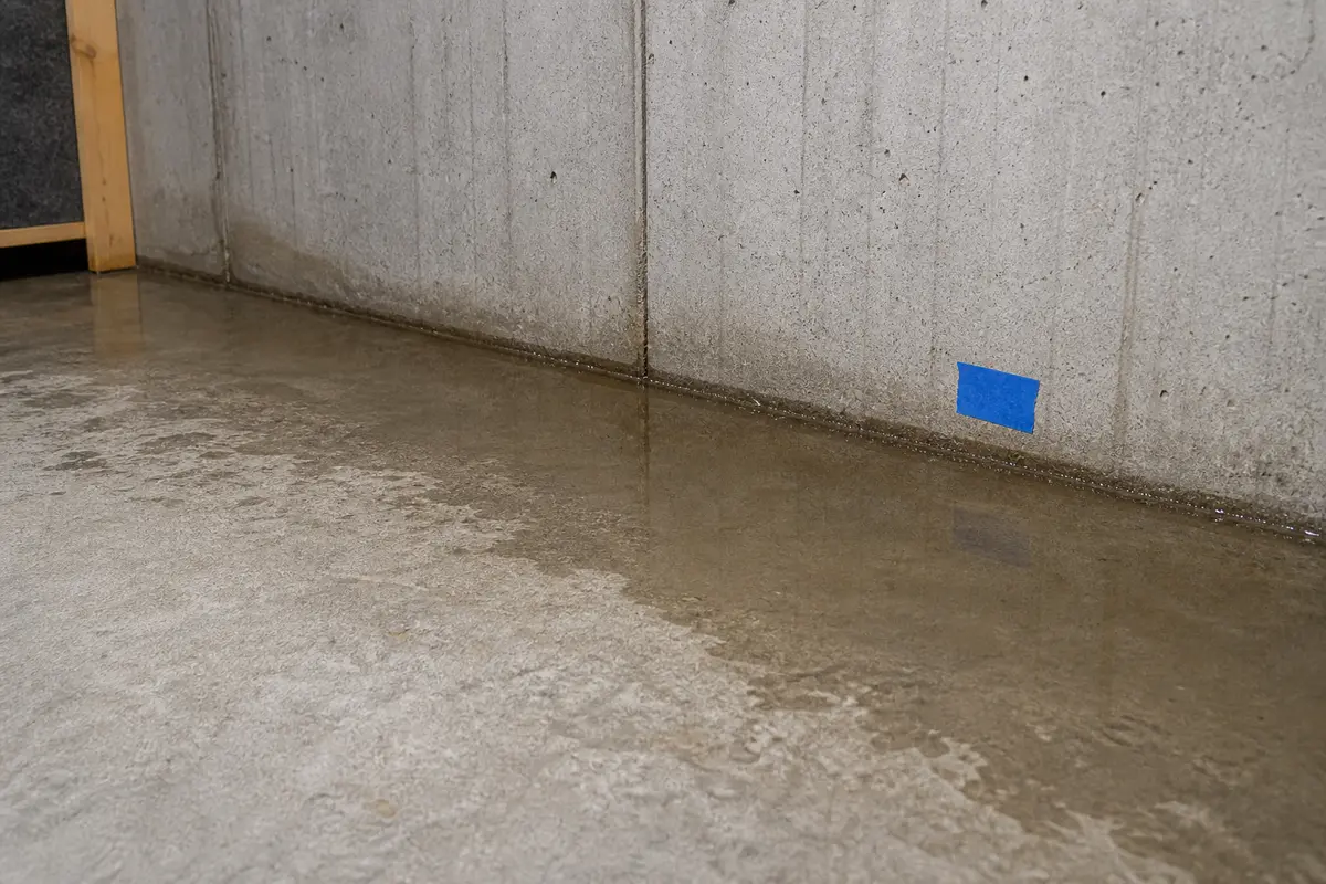 Standing water spreading from a basement wall-floor joint