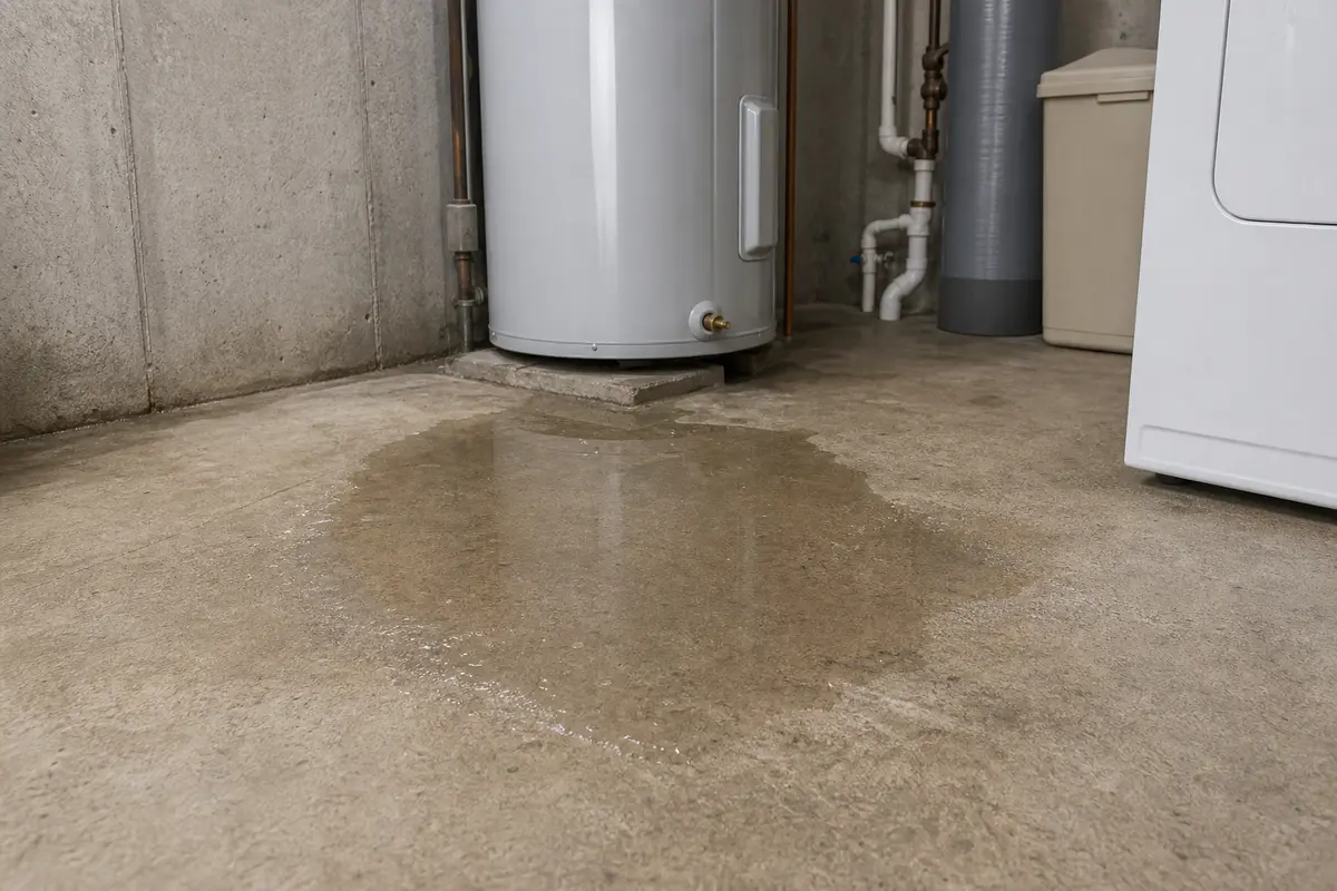 Small basement slab puddle near a utility area