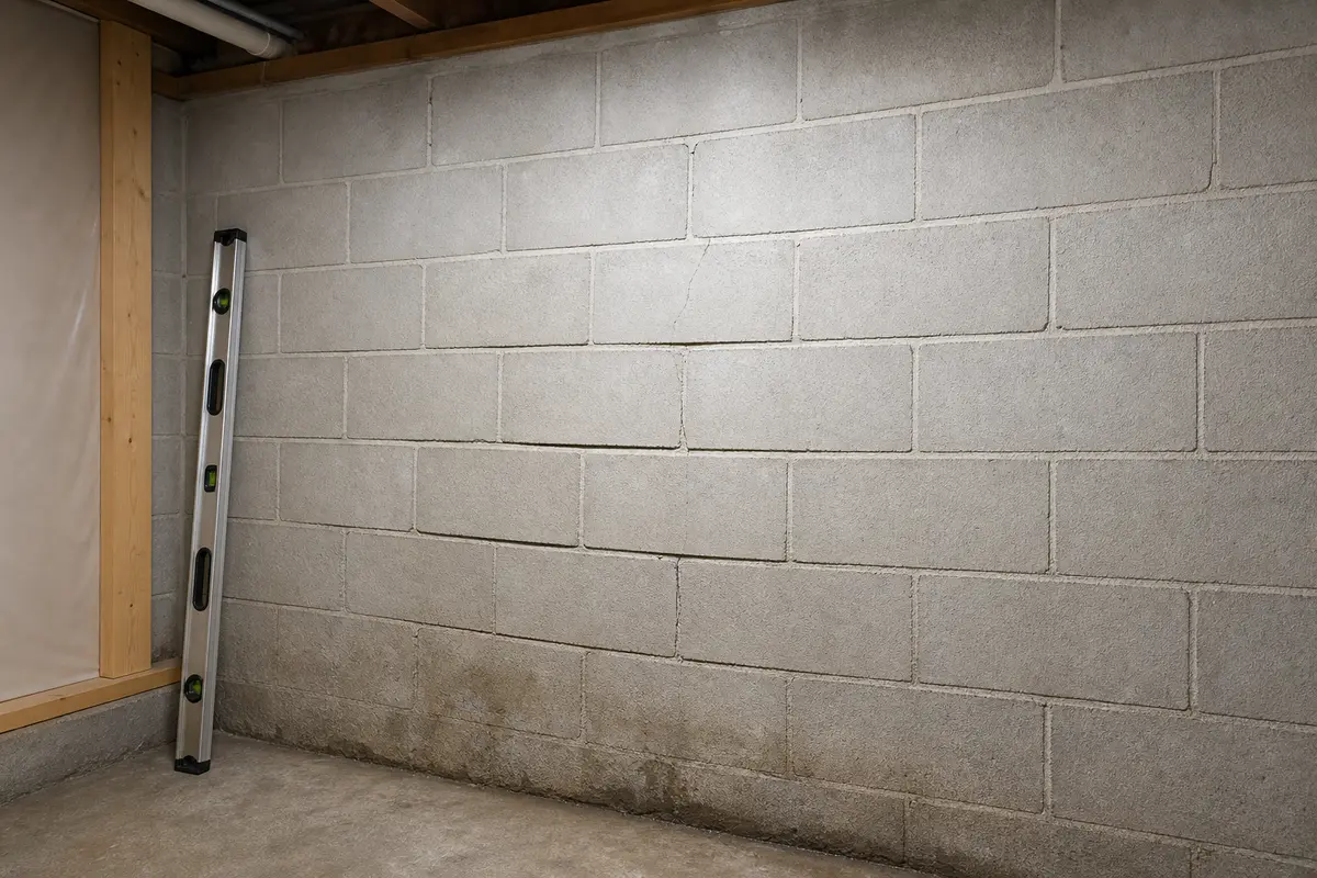 Basement block foundation wall bowing inward with level nearby