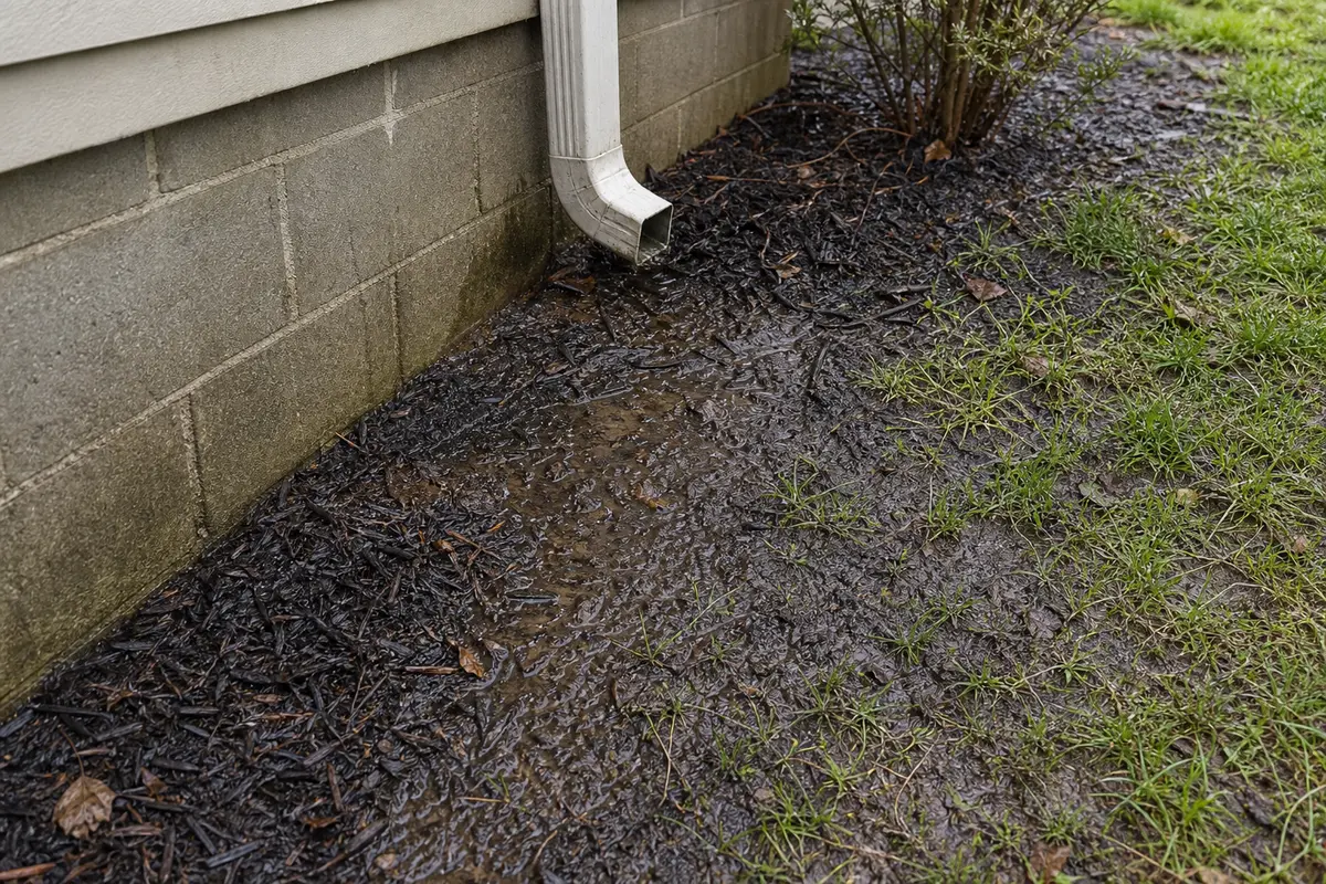 Saturated soil and downspout water beside a basement foundation
