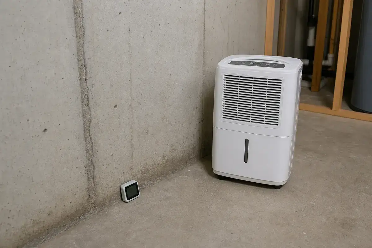 Dehumidifier and hygrometer beside a damp basement wall