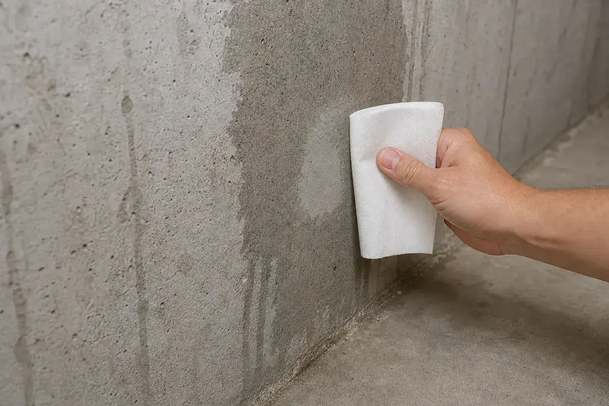 Paper towel test on a wet basement wall