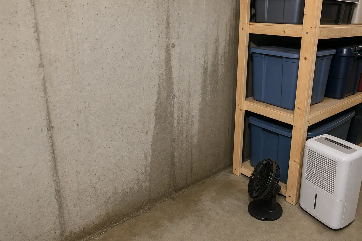 Basement shelf moved away from wall with fan and dehumidifier nearby