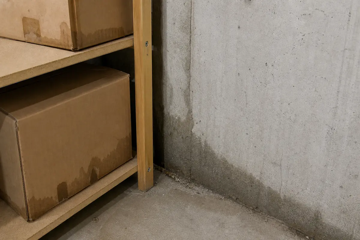 Damp cardboard beside a basement foundation wall behind shelving