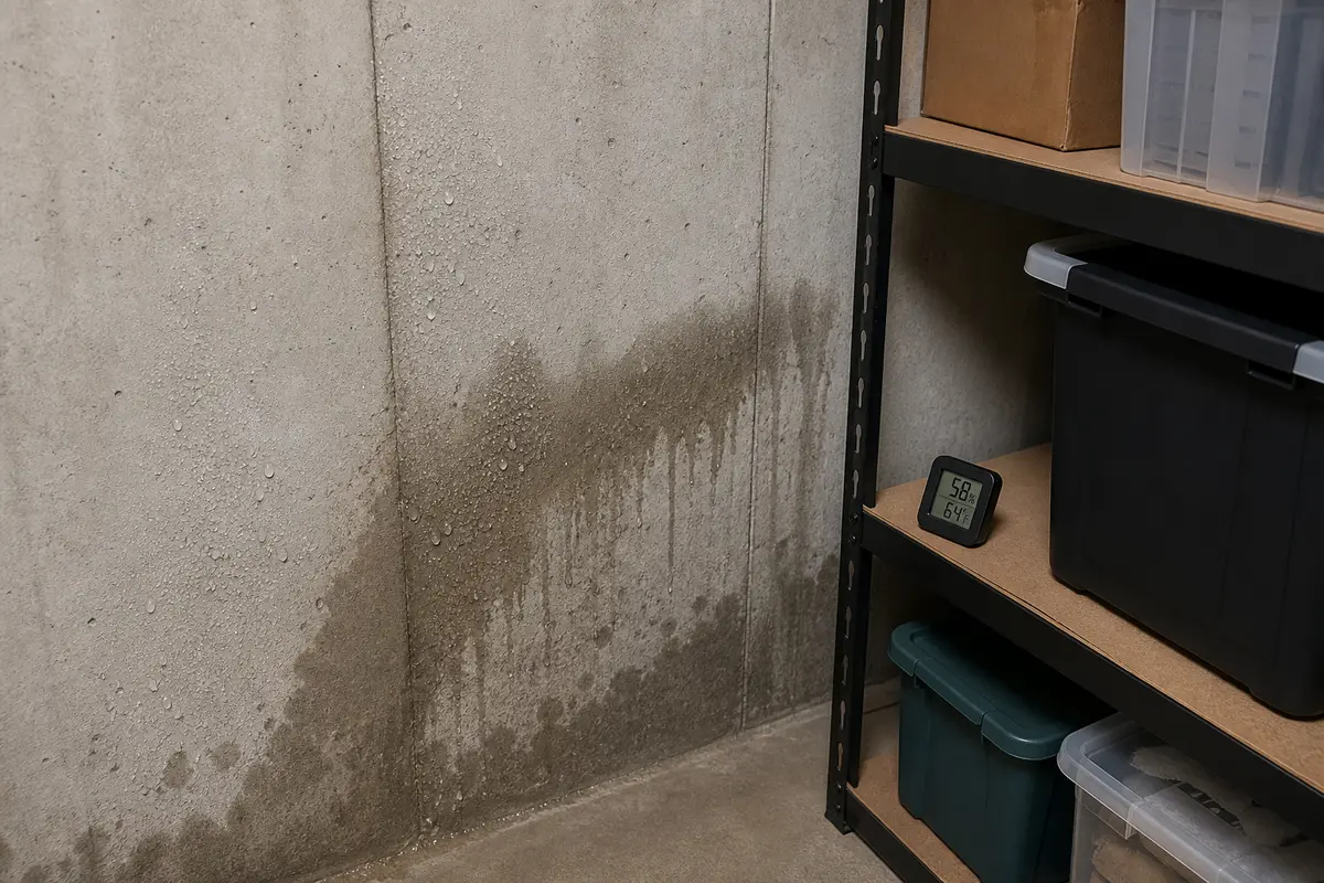 Basement shelf pulled away from a damp concrete wall