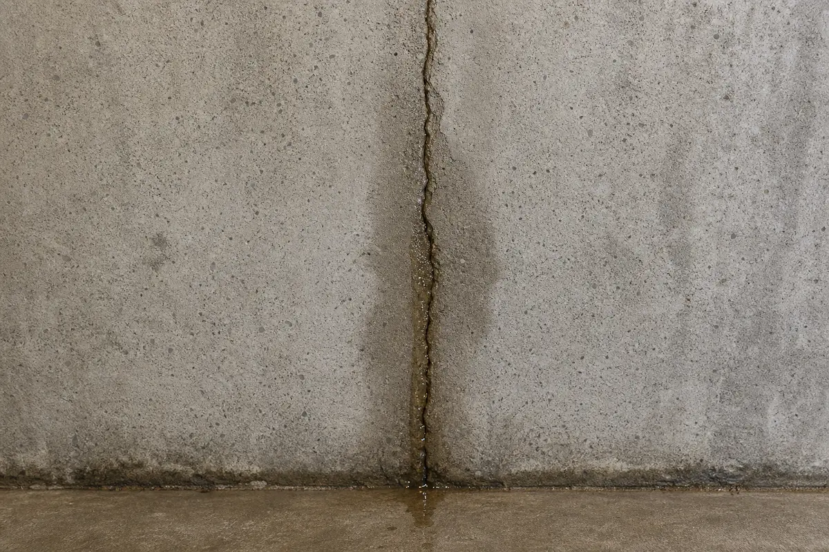 Wet line following a vertical basement wall crack