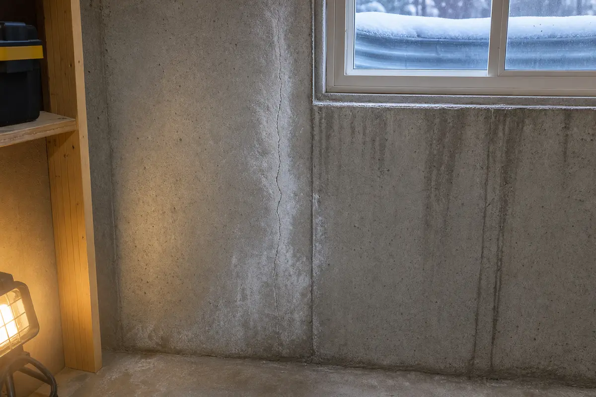 Cold basement wall crack near a winter window with moisture staining