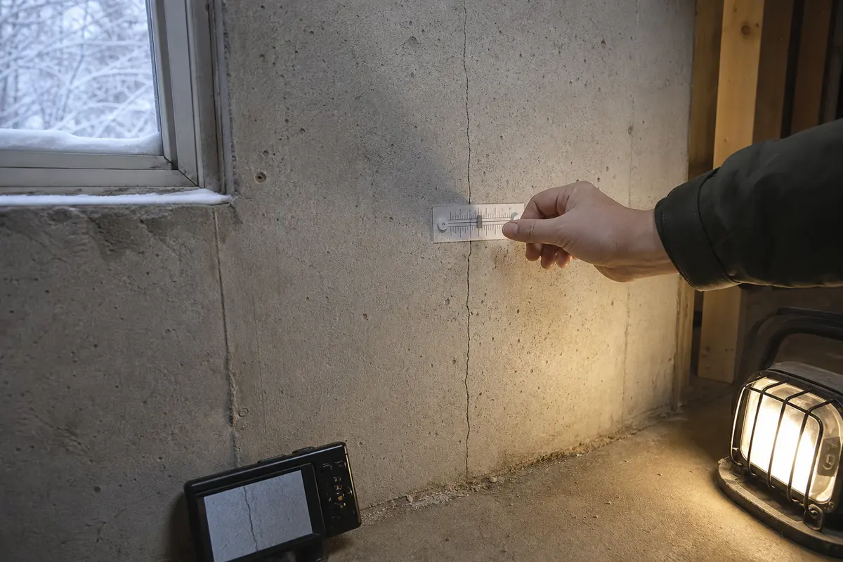 Basement wall crack monitored with a measuring reference in winter