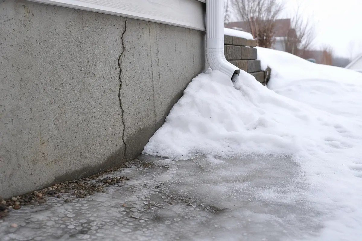 Snow and blocked downspout beside a foundation wall in winter