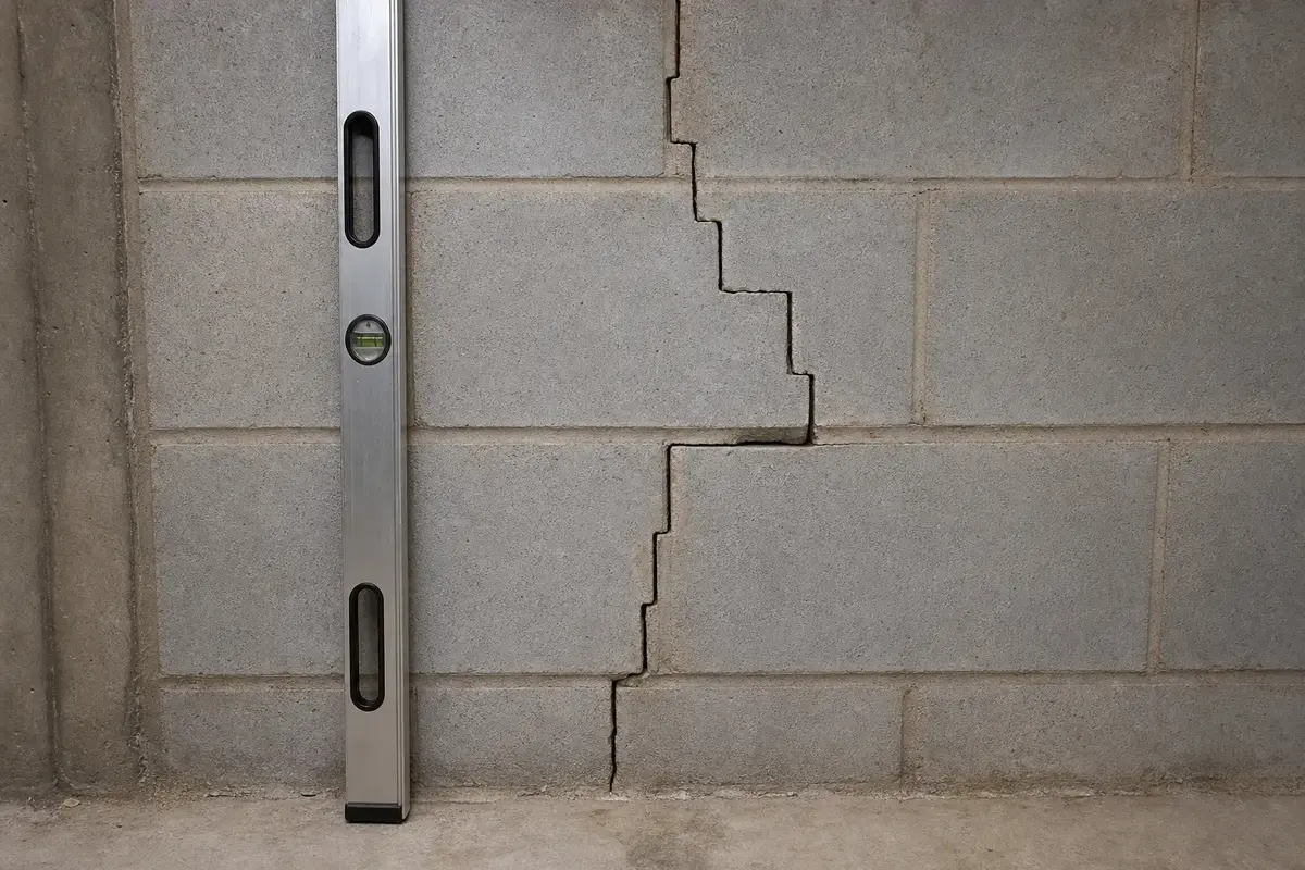 Straightedge checking offset beside a stair-step basement wall crack