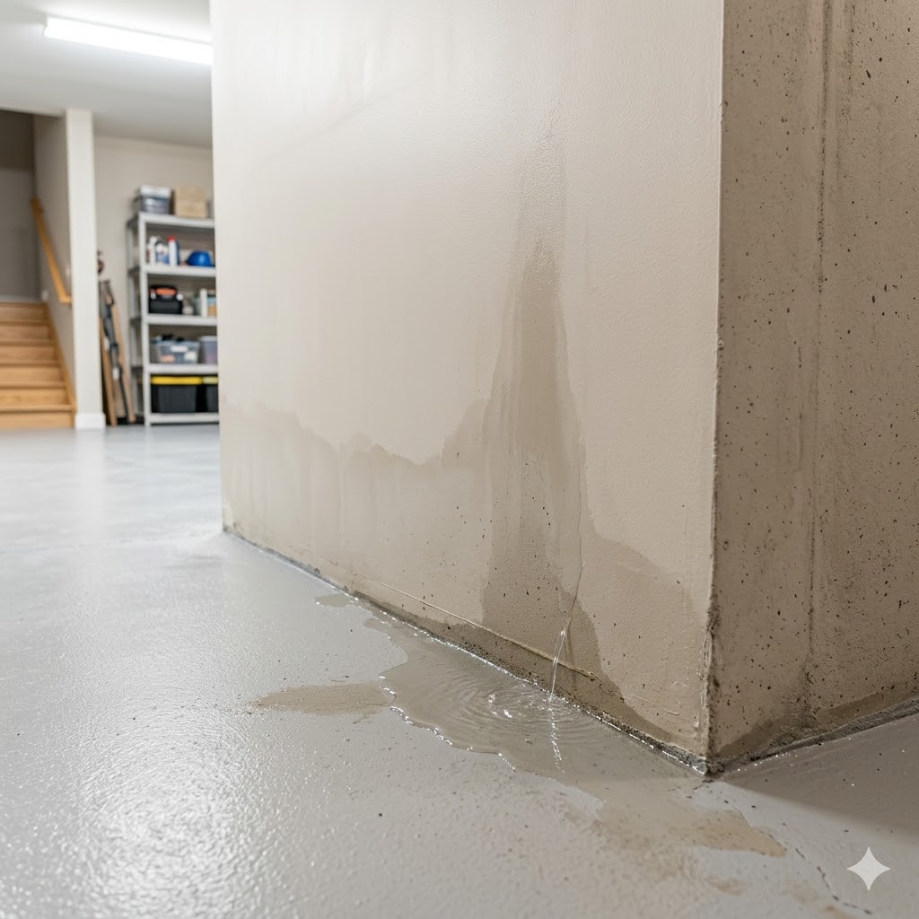 Basement wall associated with water leaking
