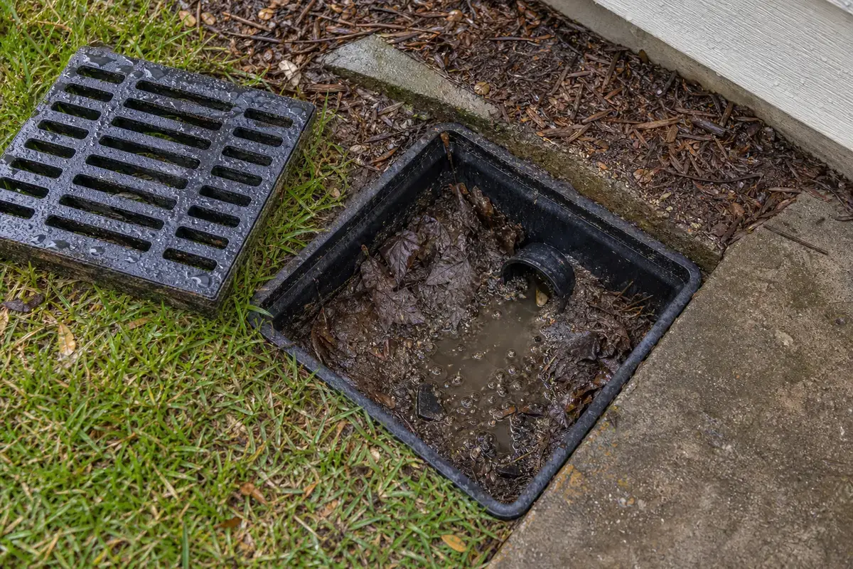 Basement wall leaking window well drain clue with debris and standing water risk