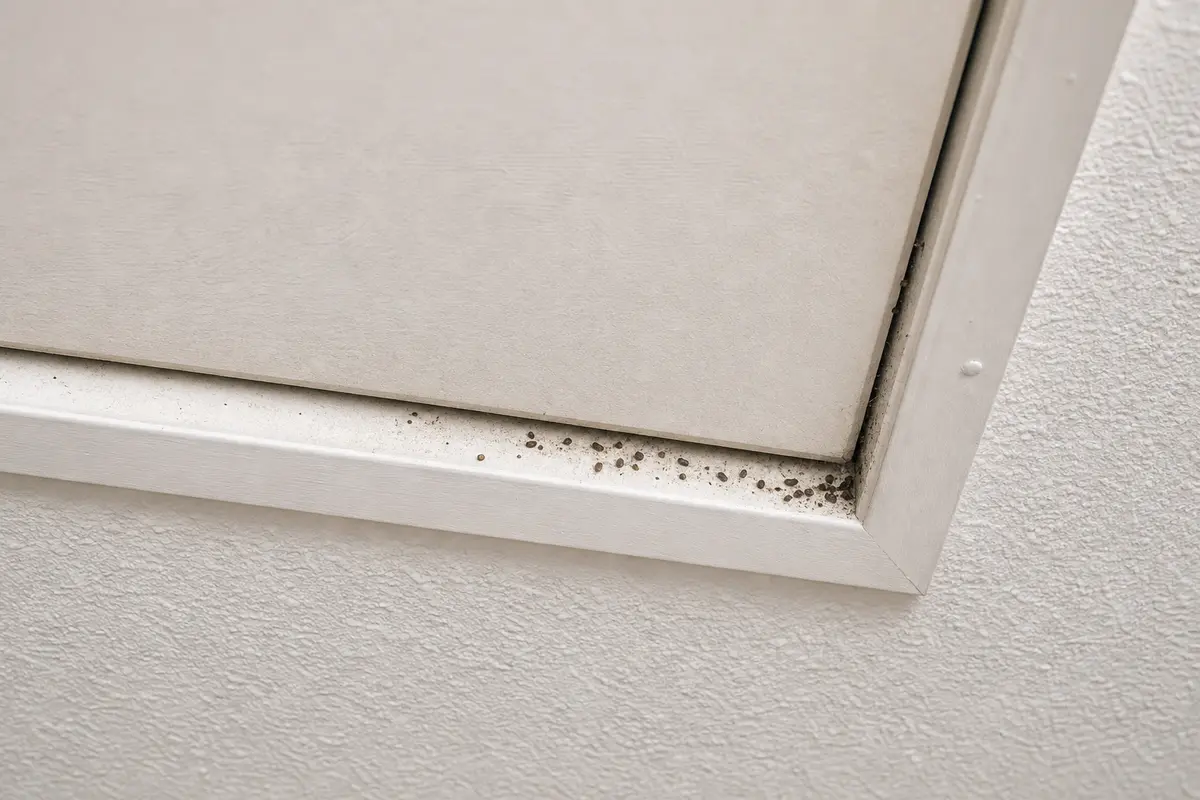 Small dry droppings around an attic hatch edge before cleanup