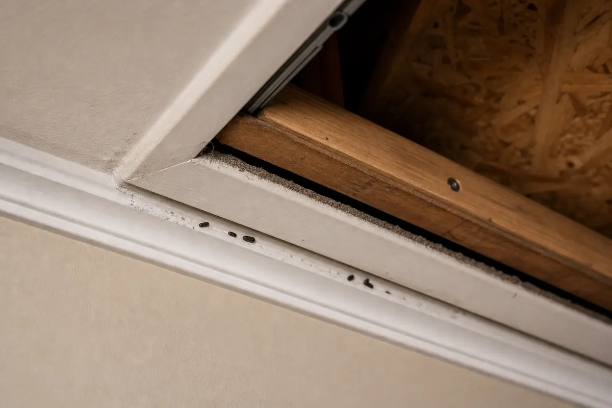 Attic hatch gap with dust line where debris can collect near the trim
