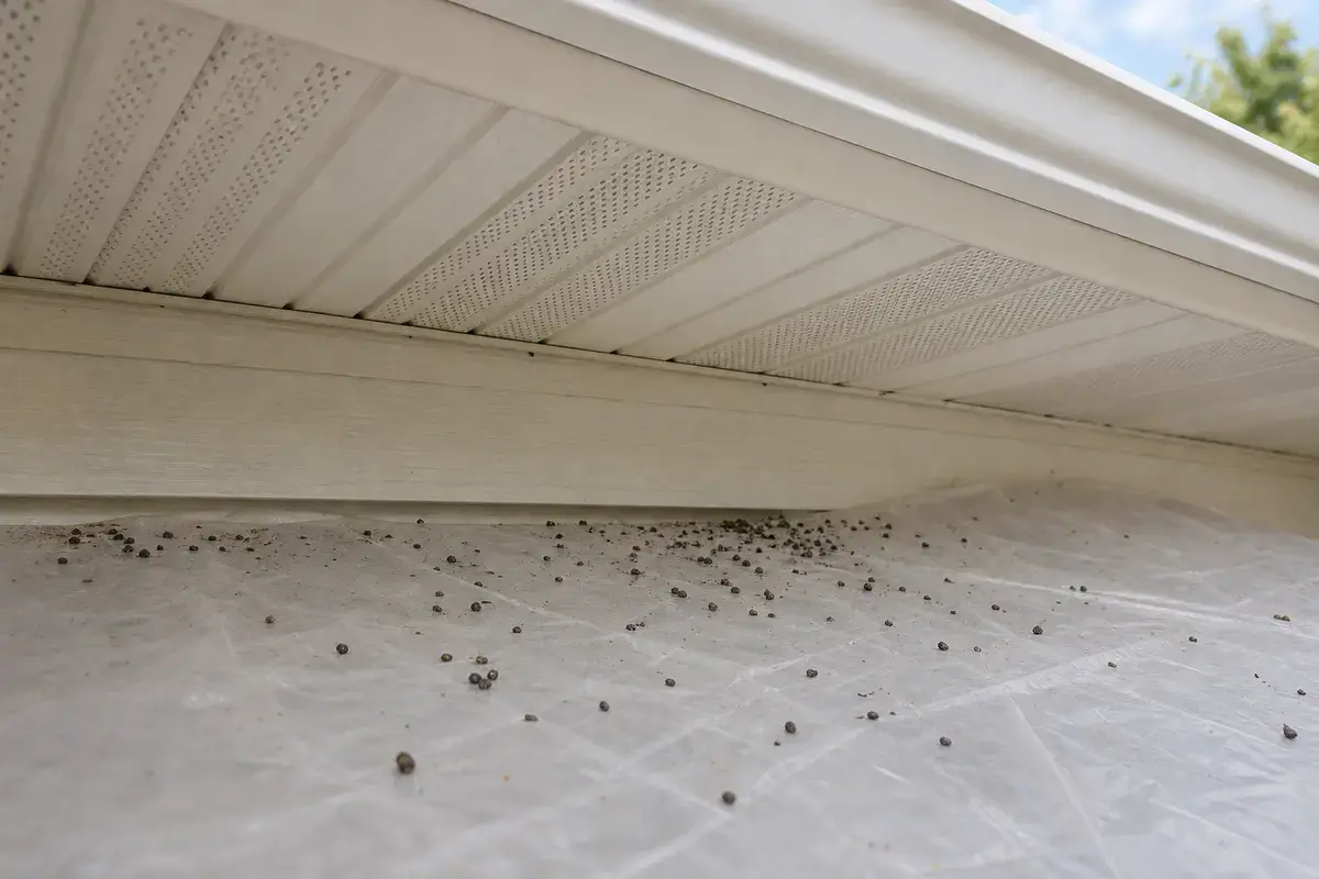 Small dry droppings below a residential soffit bay
