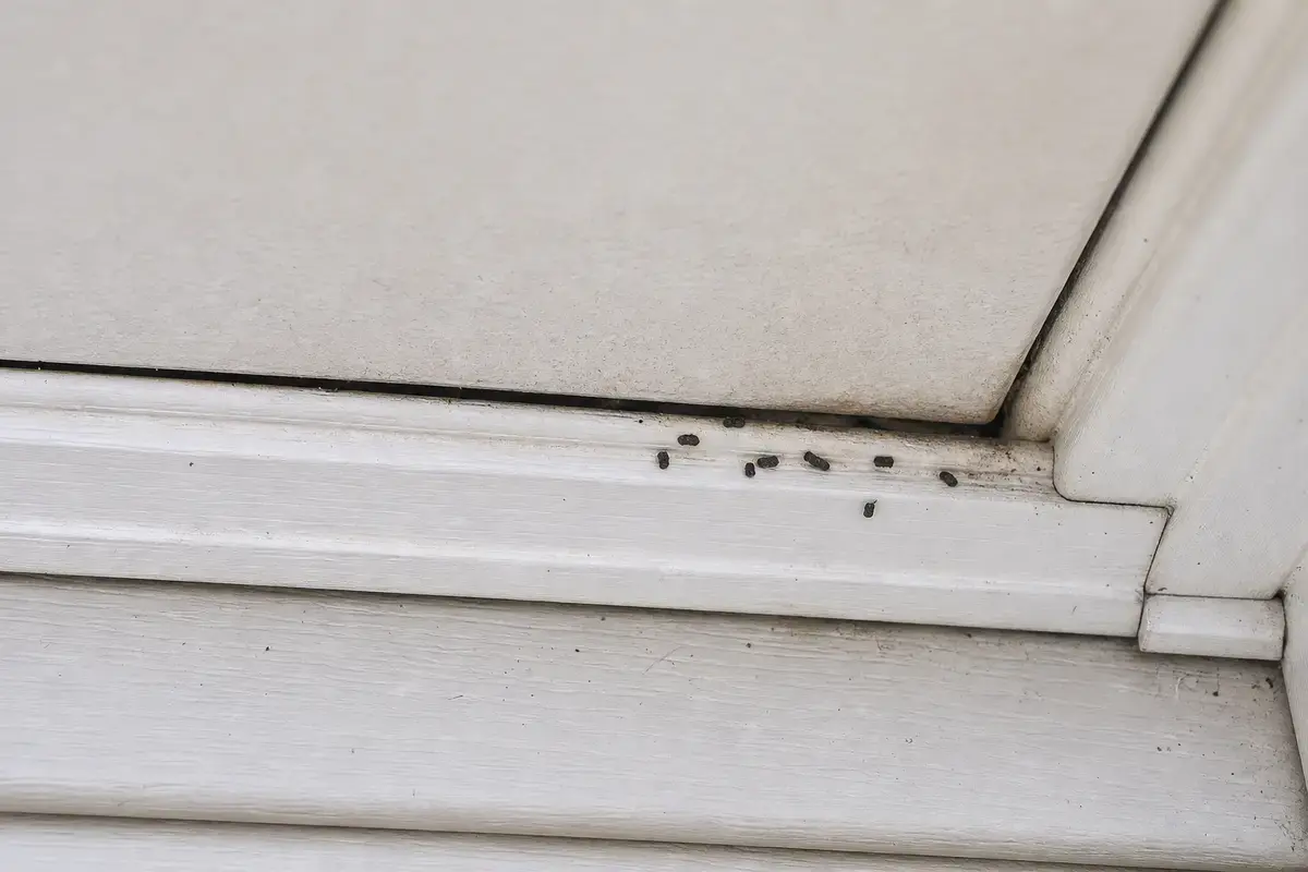 Close view of a soffit edge gap with staining and dry pellets
