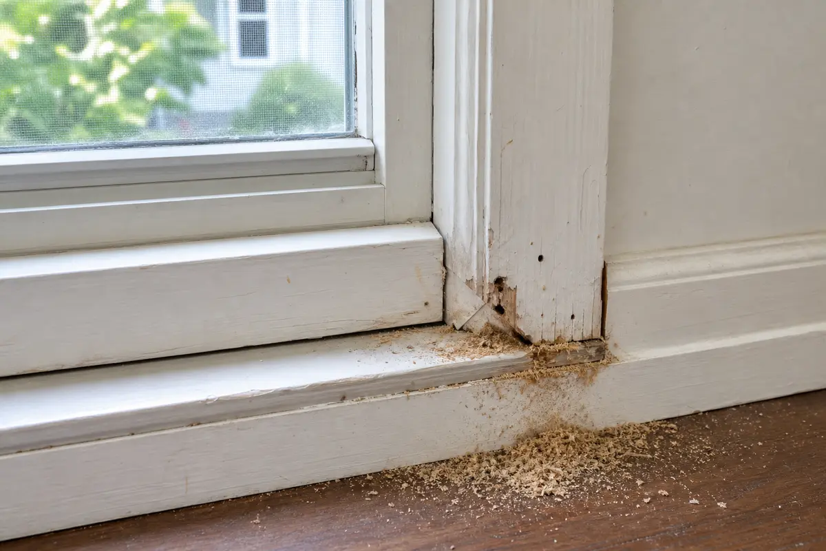 Coarse carpenter ant frass below a damaged lower window casing corner