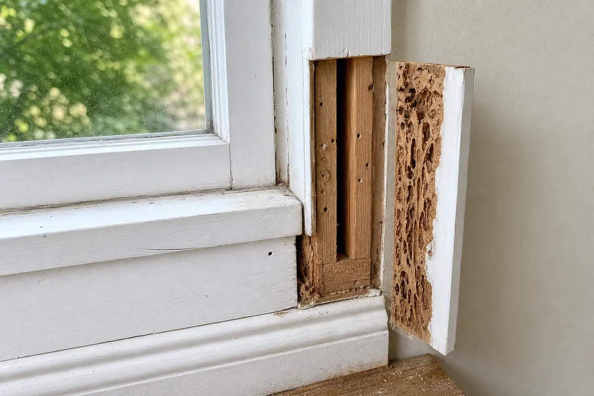 Damaged window casing removed to inspect carpenter ant galleries behind trim
