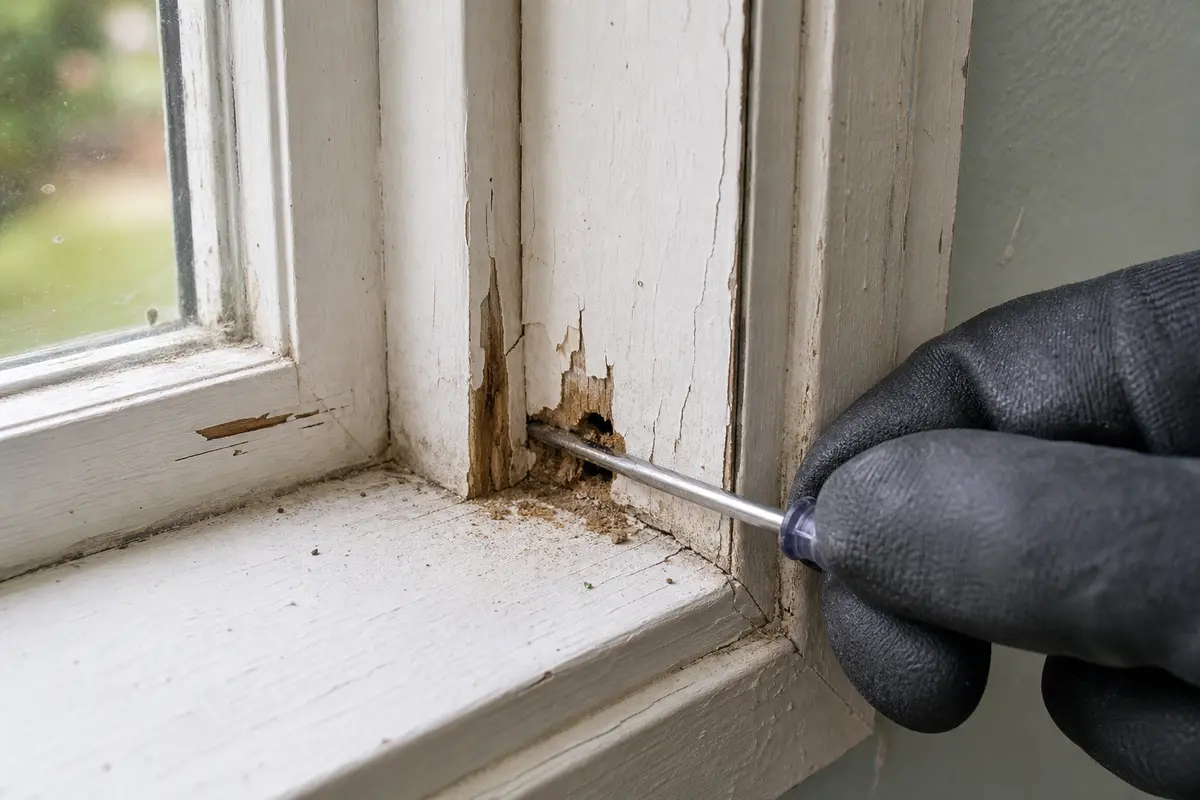 Gloved hand checking soft lower window casing with a small screwdriver