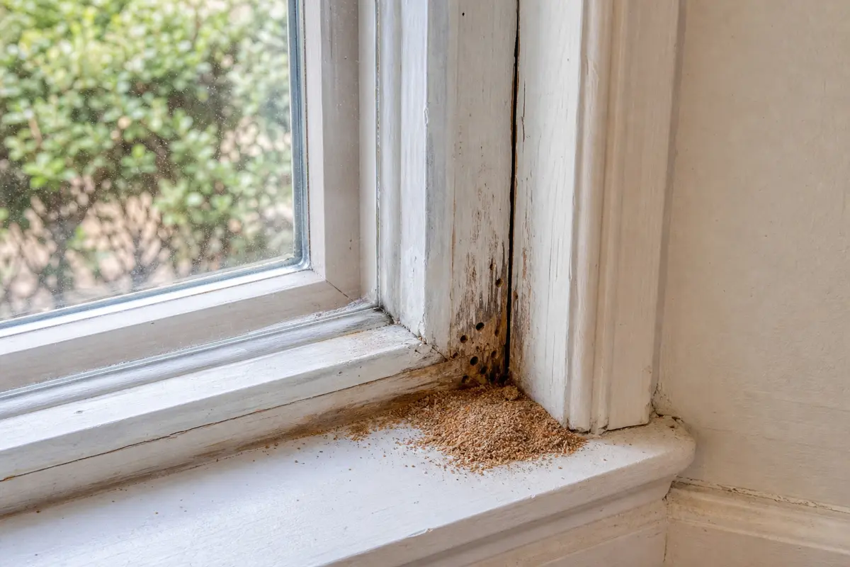 Carpenter ant frass and small holes at a lower window frame corner