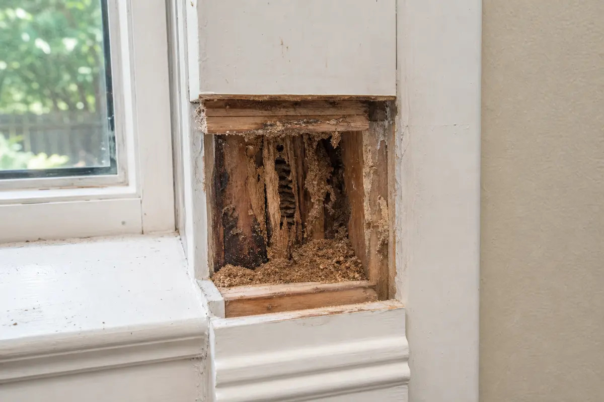 Opened window frame trim exposing carpenter ant galleries and frass