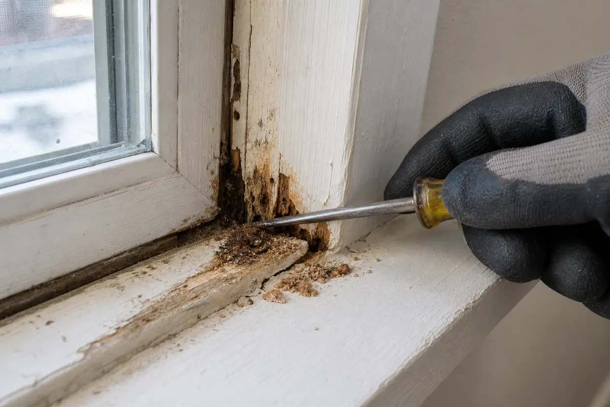 Gloved hand checking soft carpenter ant damage on a lower window frame