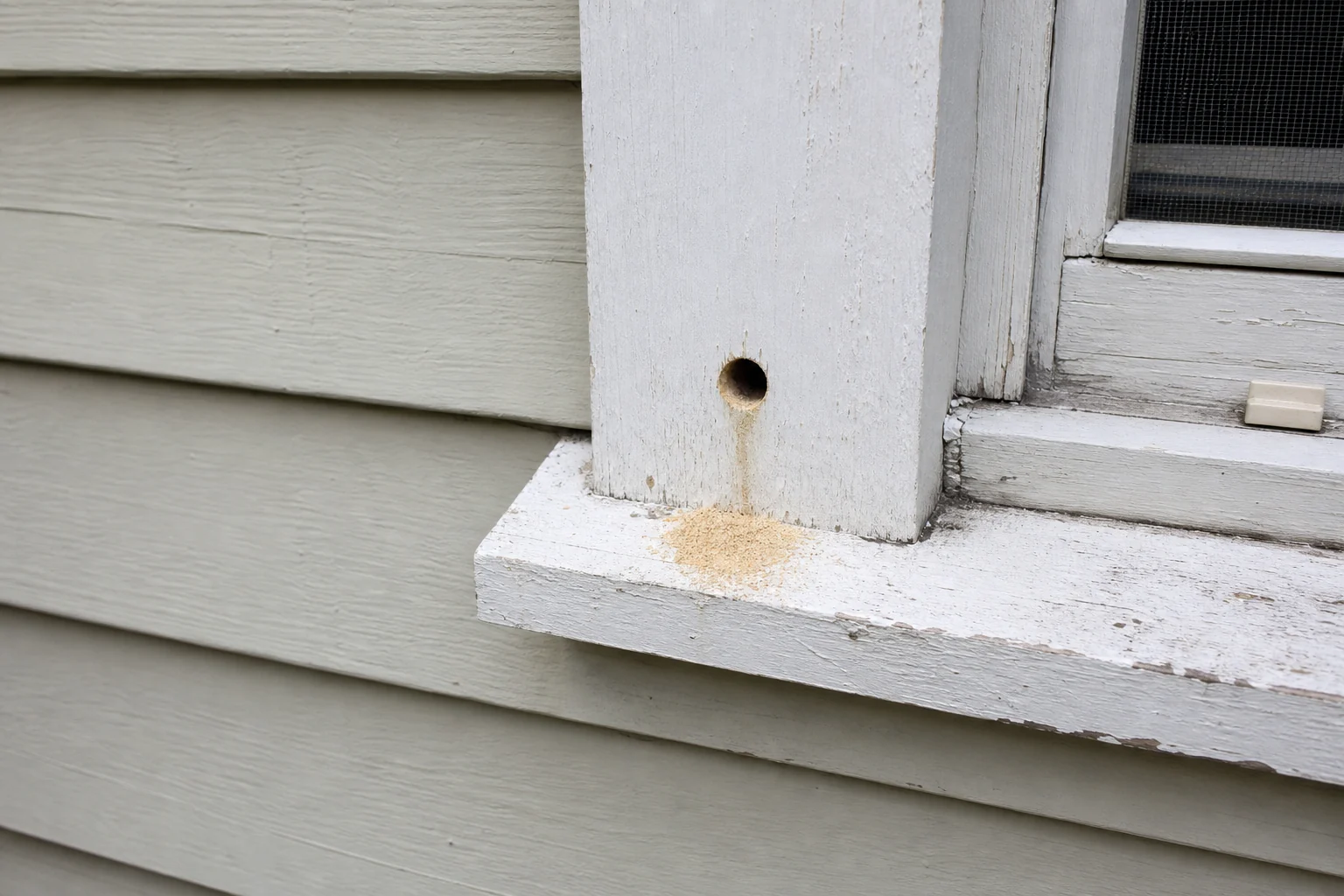 Painted exterior siding trim with a clean round carpenter bee hole and pale sawdust below