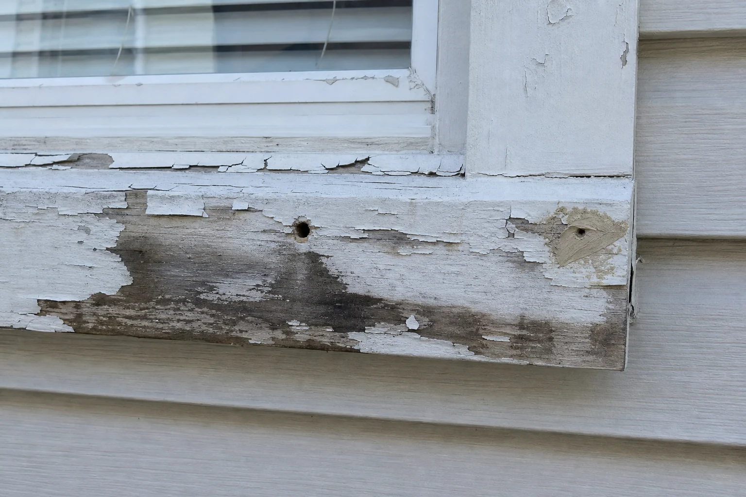 Peeling paint dark water staining and failed filler around carpenter bee holes in exterior trim