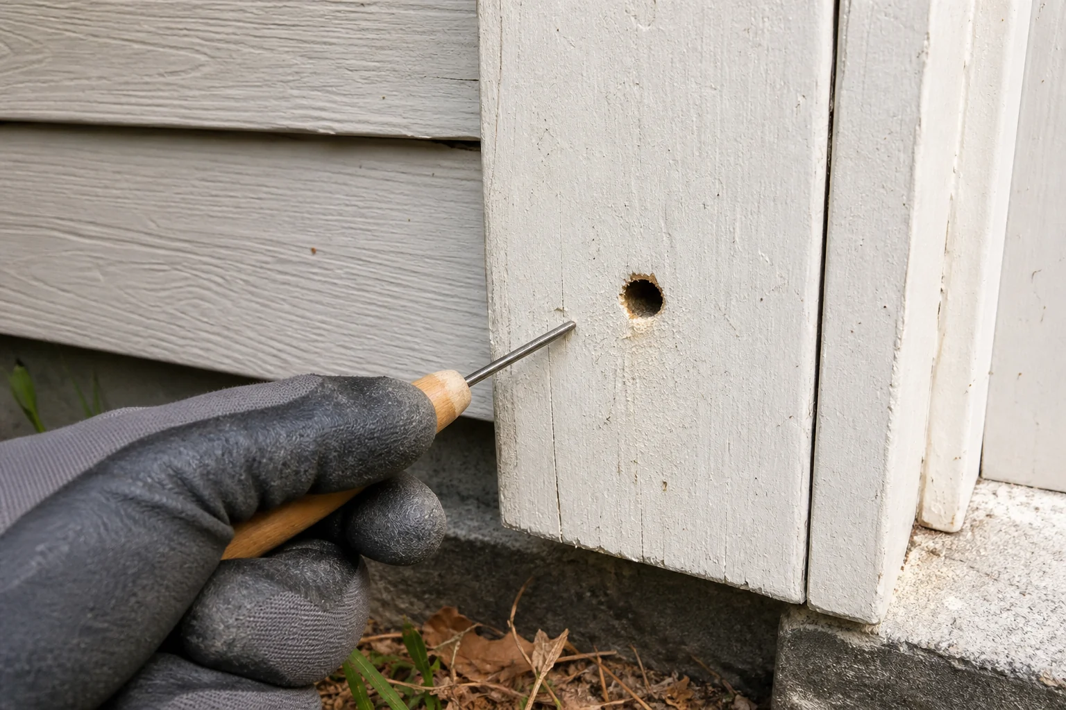 Awl probing painted exterior trim near a carpenter bee hole to check for soft wood
