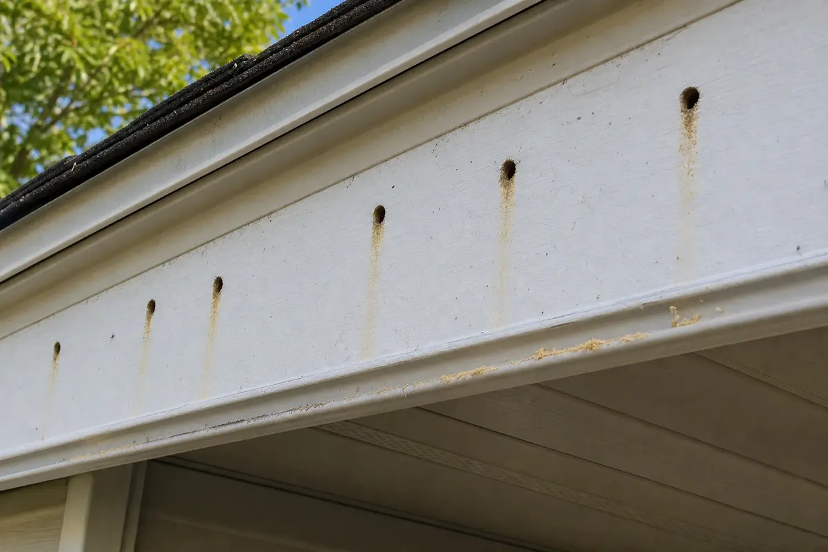 Painted fascia trim under an eave with clean round carpenter bee holes and yellow-brown staining