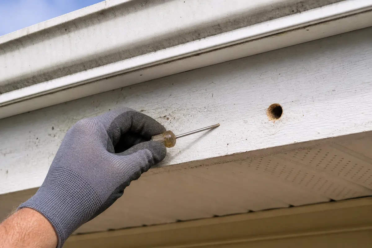 Gloved hand using a small awl to probe painted fascia trim beside a carpenter bee hole