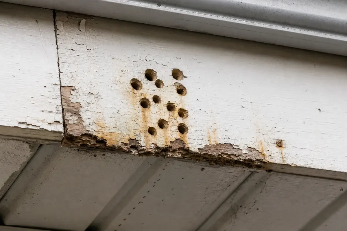 Clustered carpenter bee holes in fascia trim with peeling paint and a softened lower edge