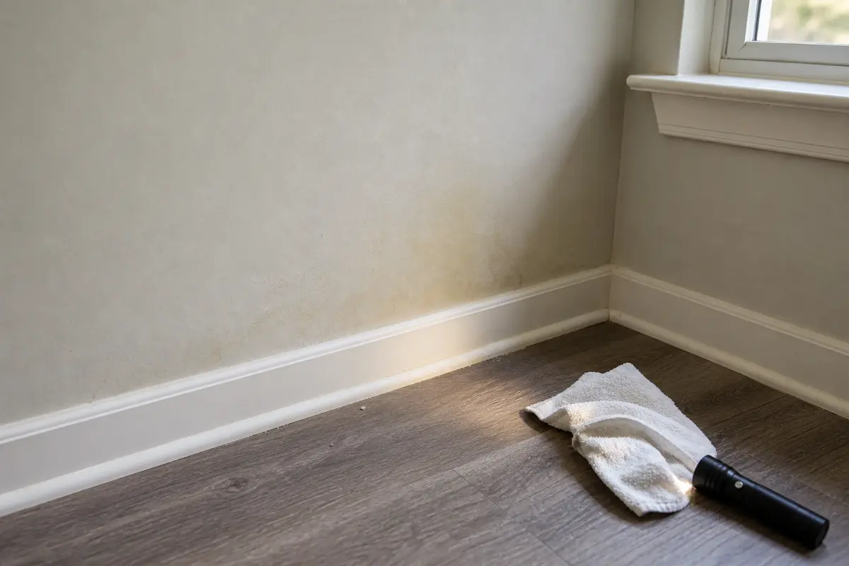 Cat urine damaged drywall near a baseboard checked for surface staining before sealing