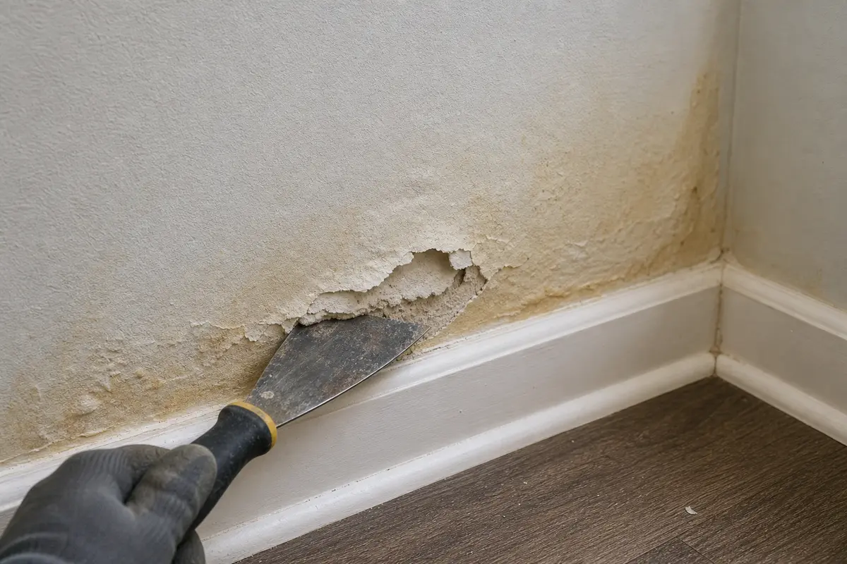 Soft stained drywall paper near a baseboard lifted during cat urine damage inspection