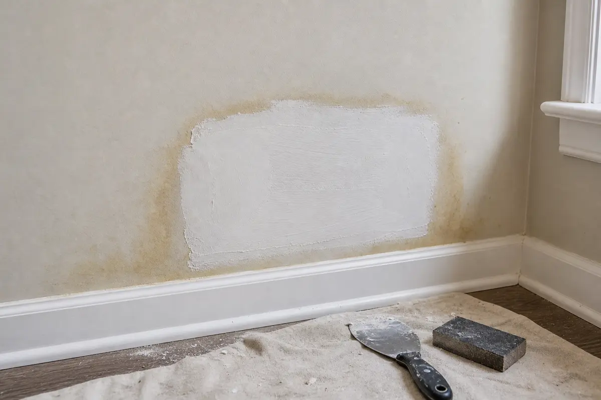 Patched over cat urine stain on drywall showing why paint and compound should not be first
