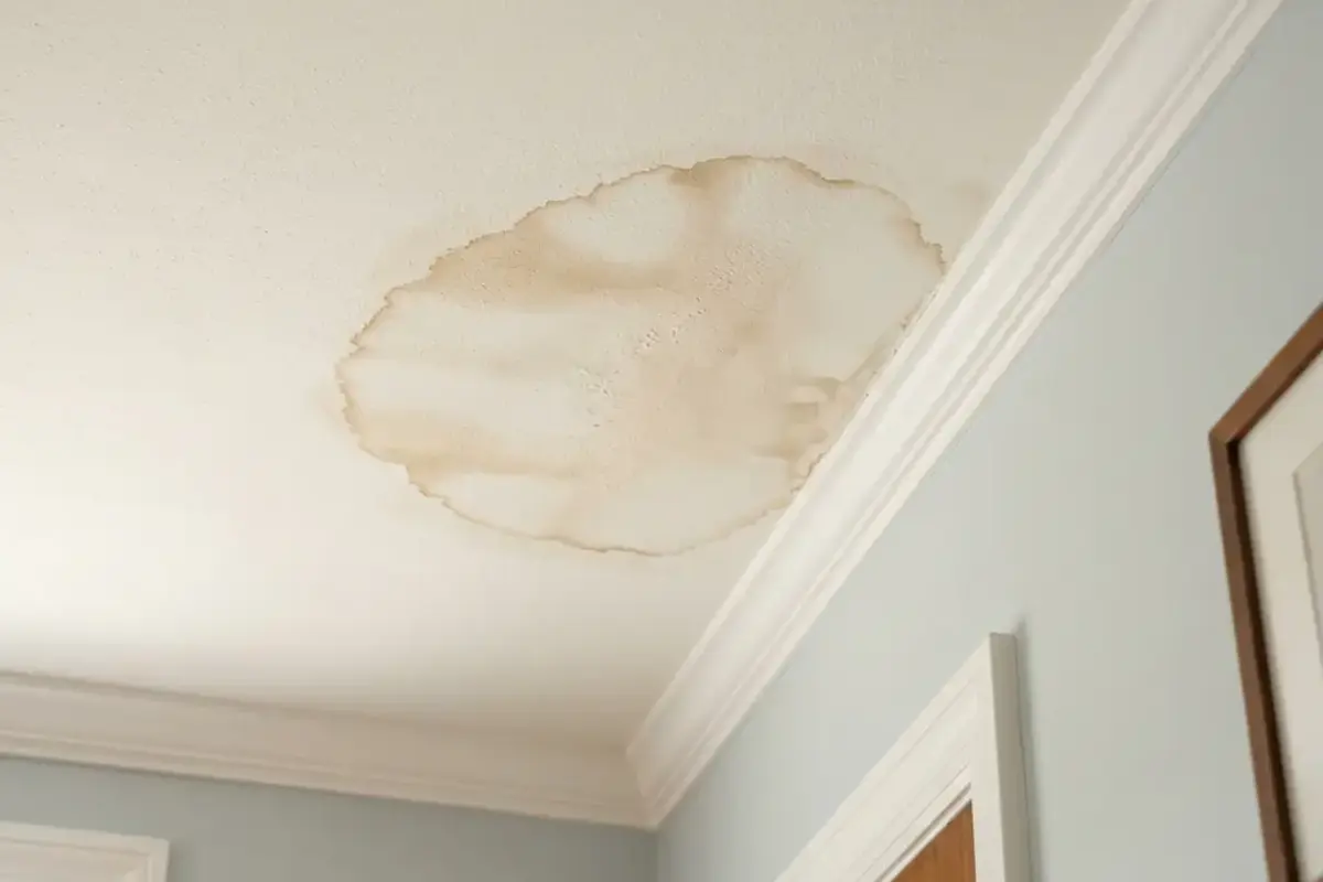 Ceiling water stain diagnostic overview with brown stain and surrounding drywall clues