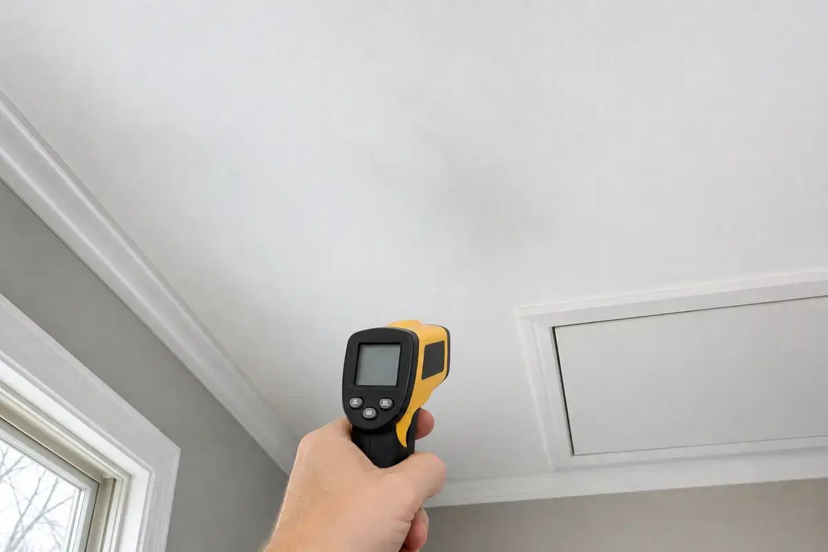 Infrared thermometer checking a cold ceiling below an attic in winter