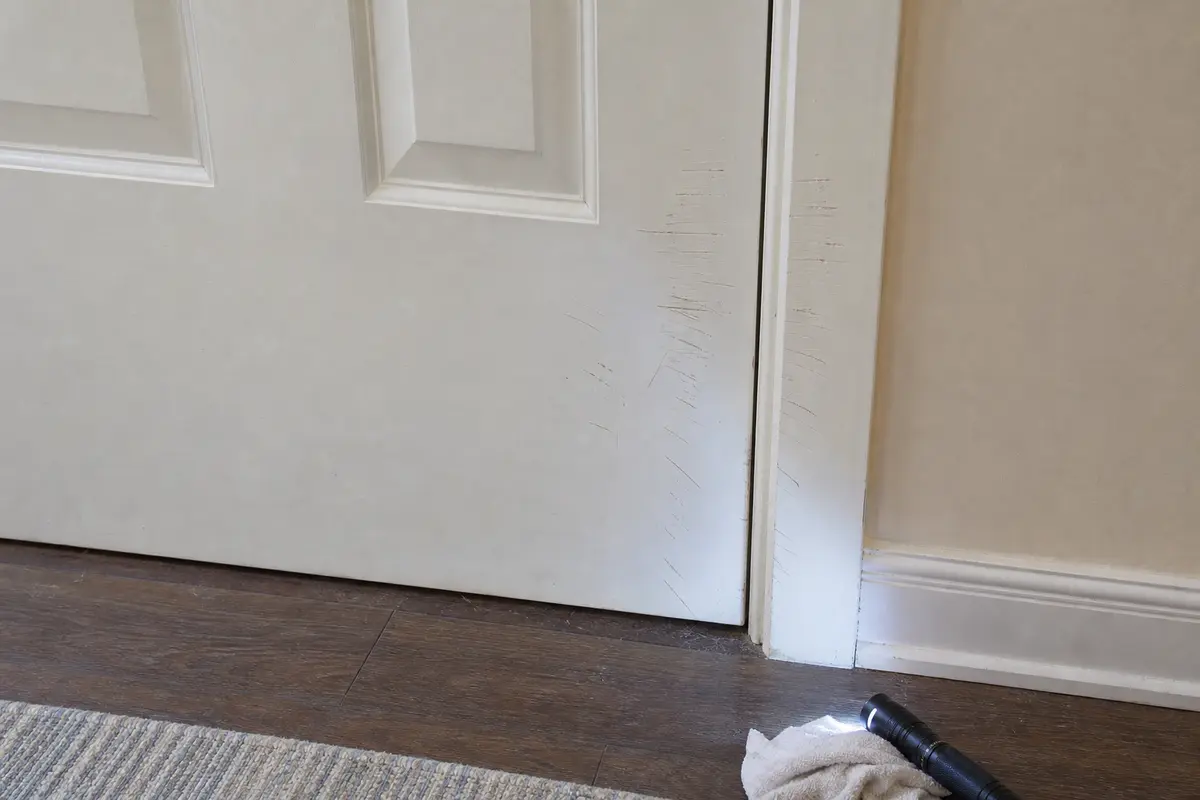 Lower painted interior door and casing with dog claw scratches near the latch side