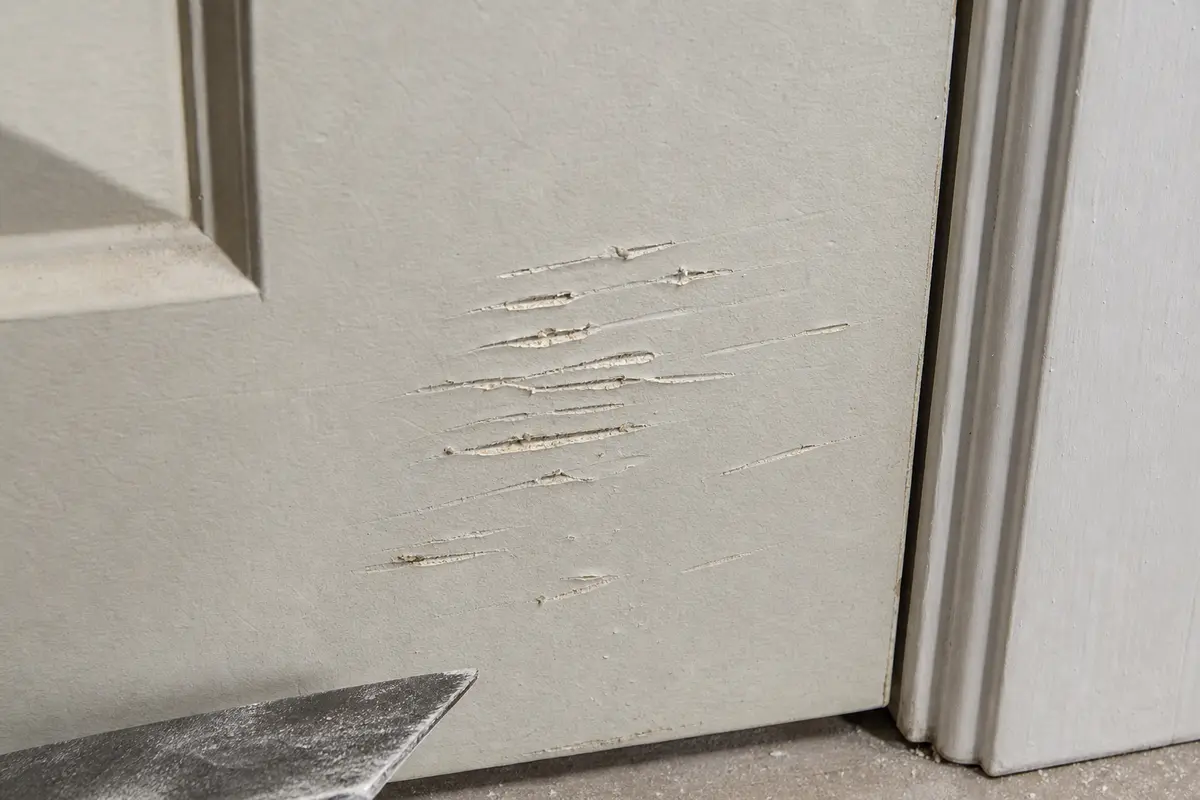Close view of dog claw grooves in a painted door skin with raised paint edges