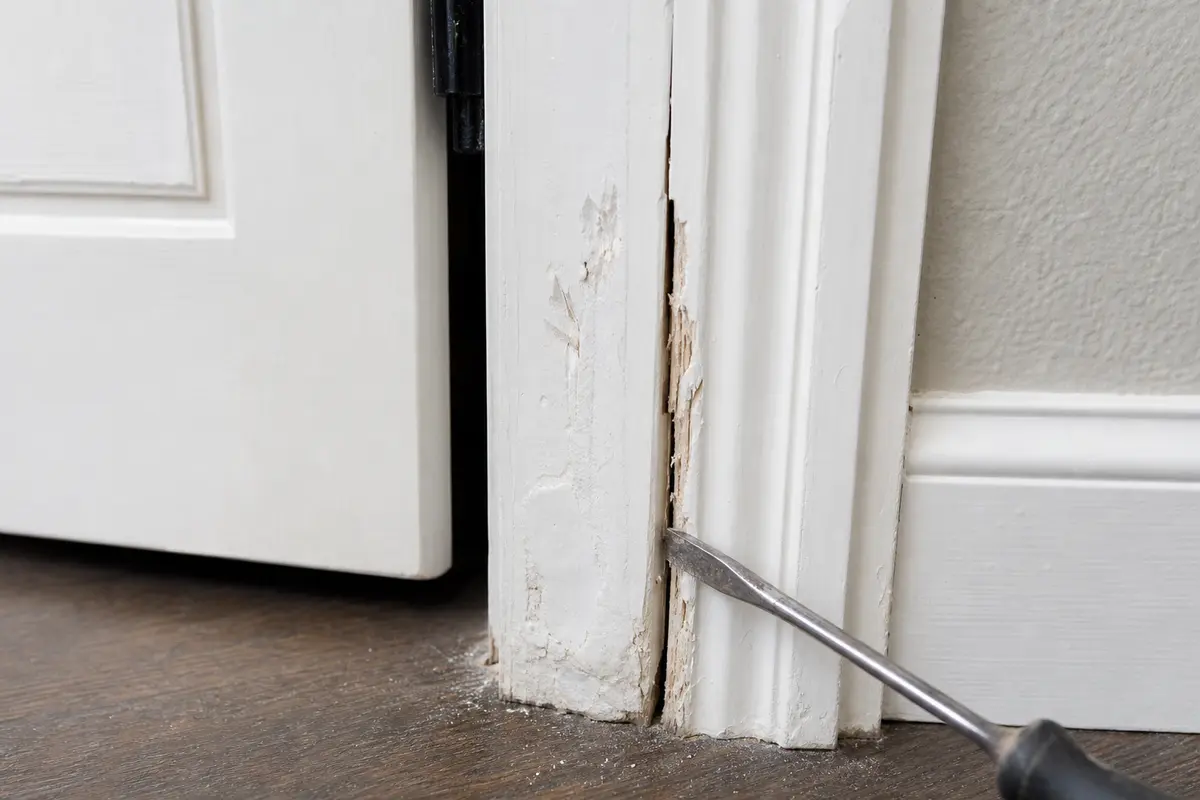 Split painted door casing being probed beside dog scratch damage near the floor