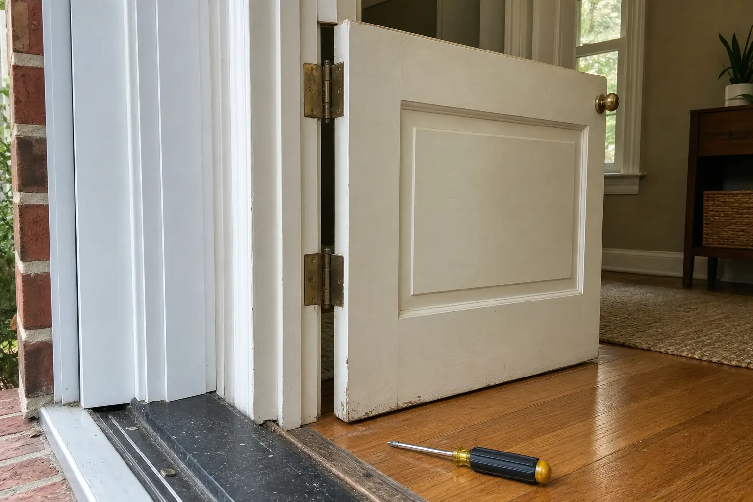 Door rubbing at bottom with hinge side visible and scuffed bottom corner near threshold