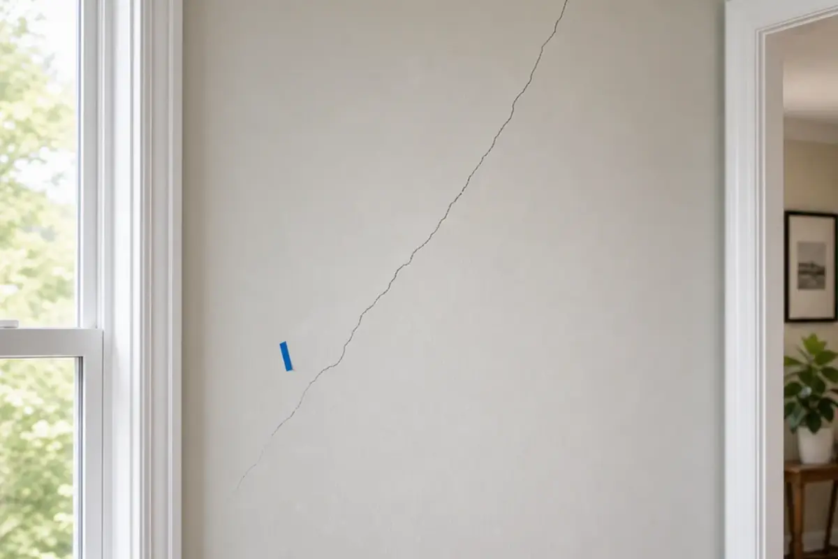 Drywall crack near a doorway used to compare seam movement and opening stress